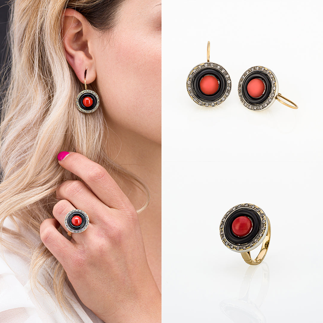 Anello in Oro con Corallo, Onice Nero e Diamanti