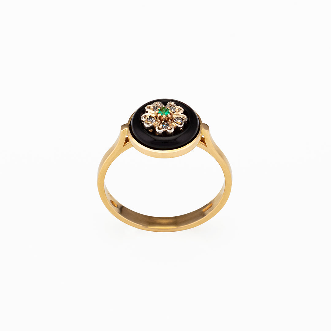 Anello in Oro con Smeraldo centrale e diamanti | Riproduzione gioielli d'epoca