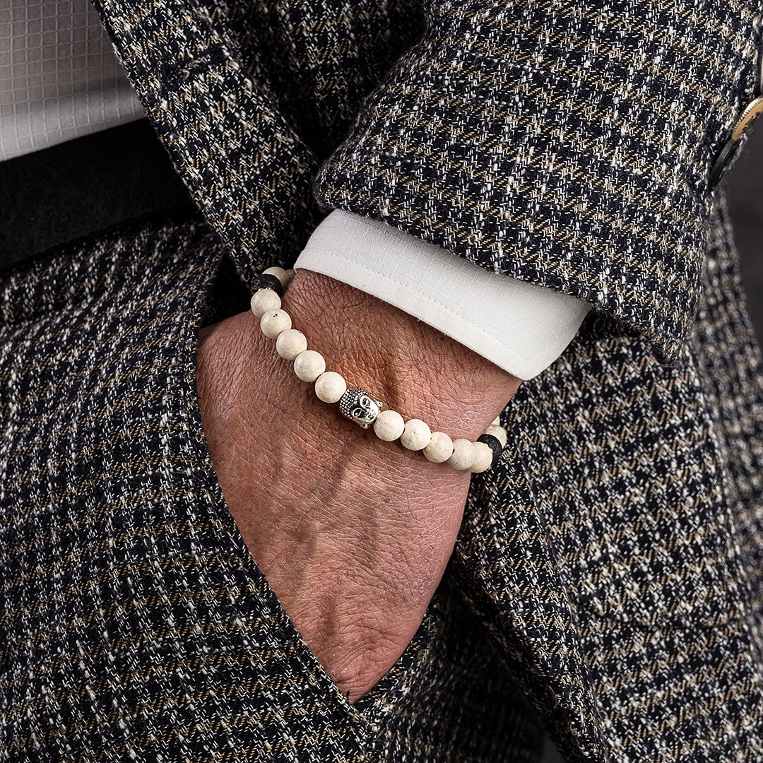 Bracciale in pietre dure | Diaspro Beige con pietre nere laterali | Charm Buddha Vers. #1