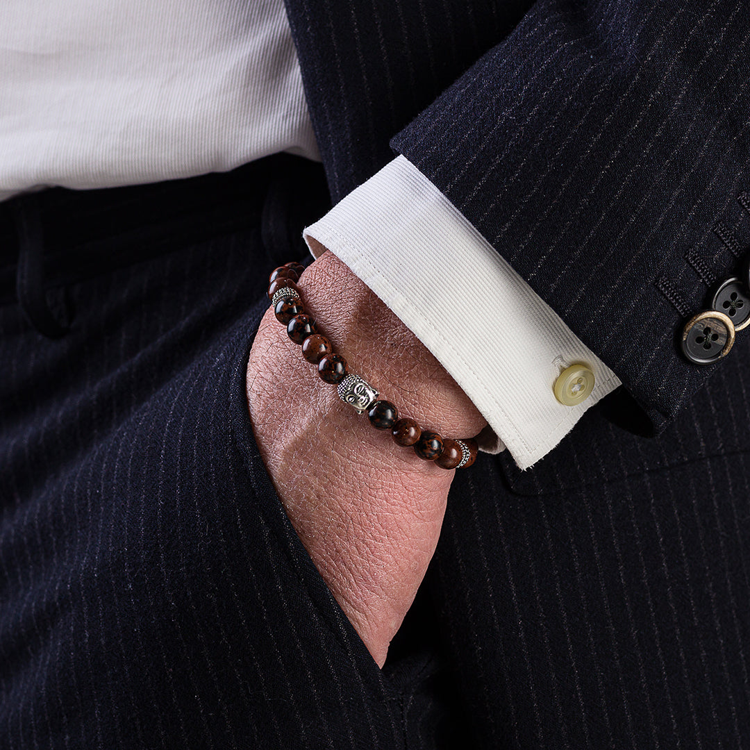 Bracciale in pietre dure | Diaspro Rosso e Argento | Charm Buddha Vers. #2