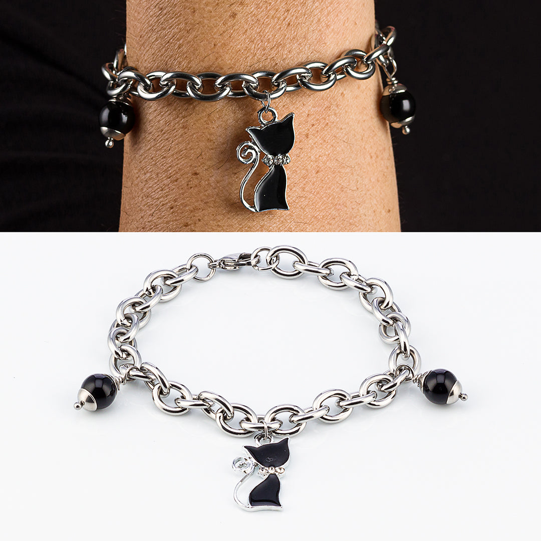 Bracciale catena in acciaio e onice | Ciondolo Gatto