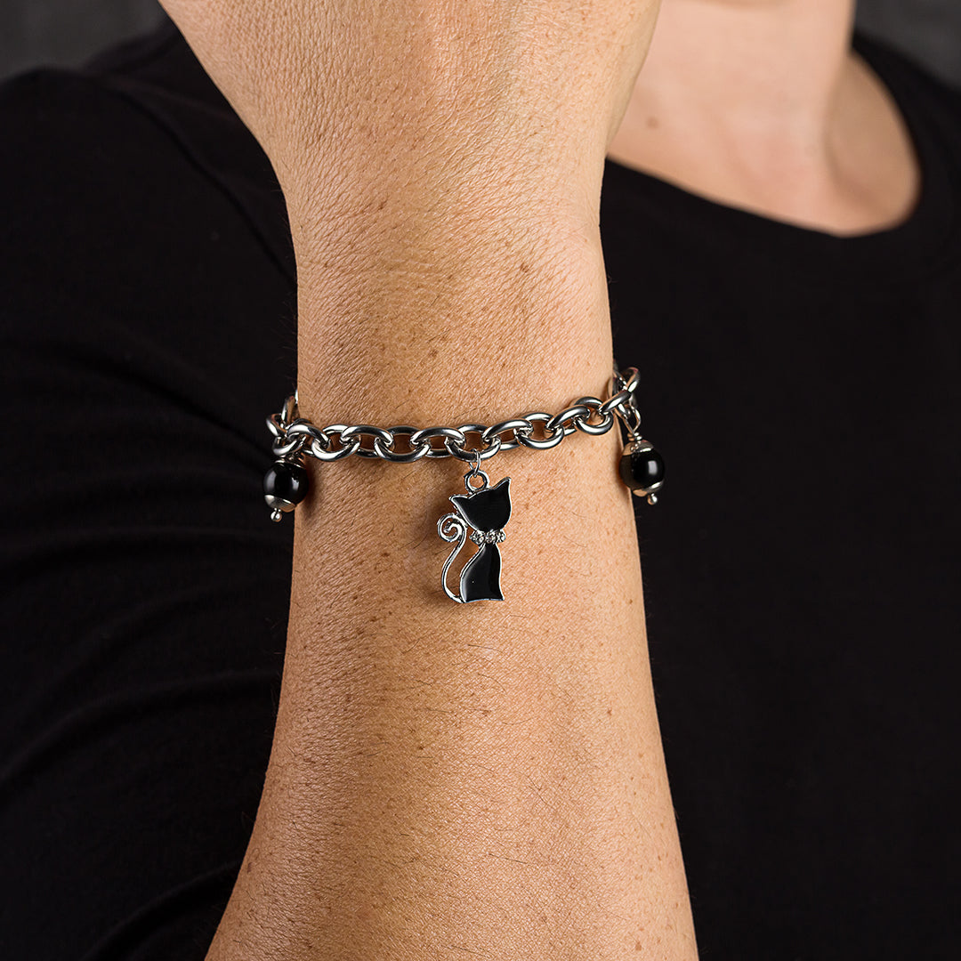 Bracciale catena in acciaio e onice | Ciondolo Gatto