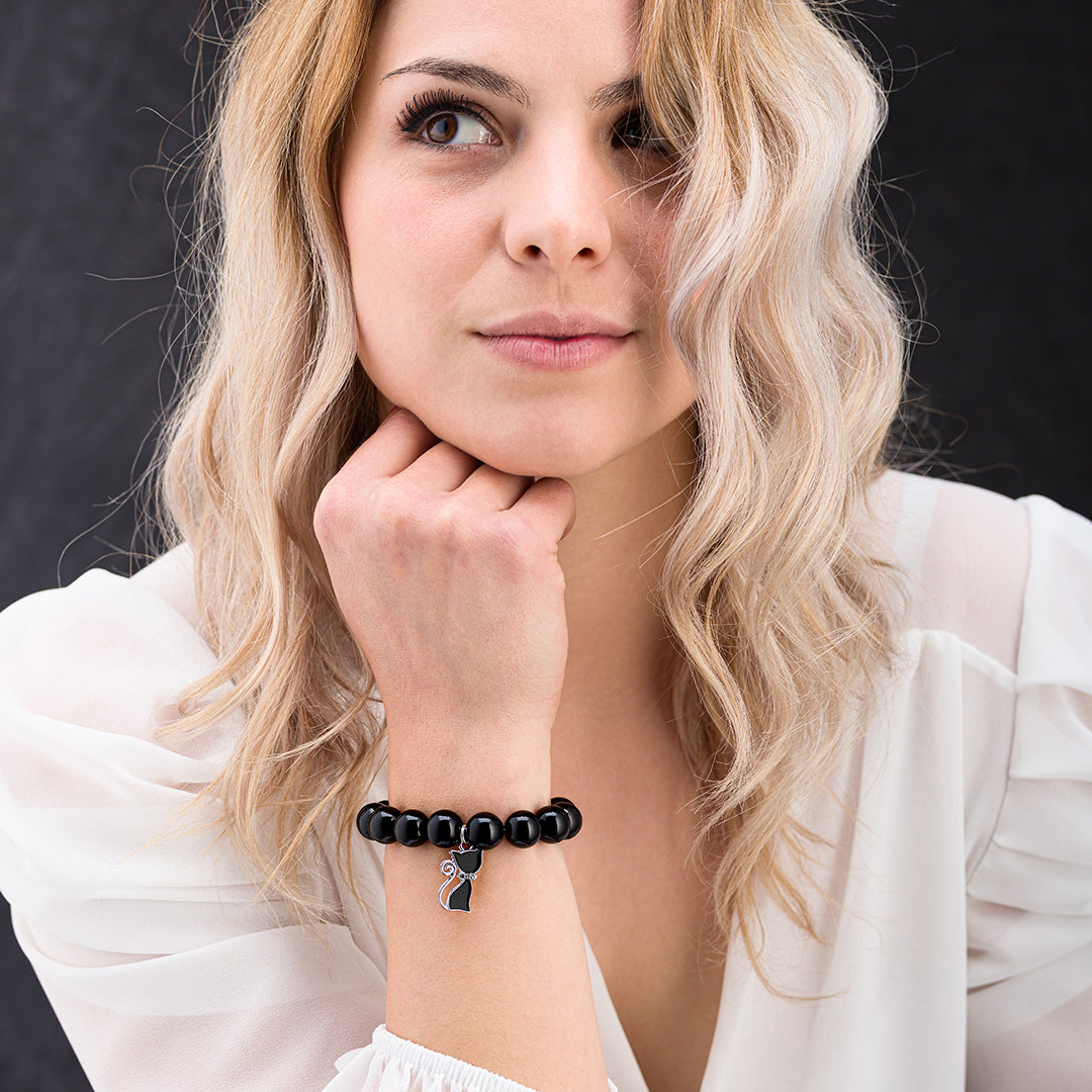 Bracciale in onice lucido | Ciondolo Gatto