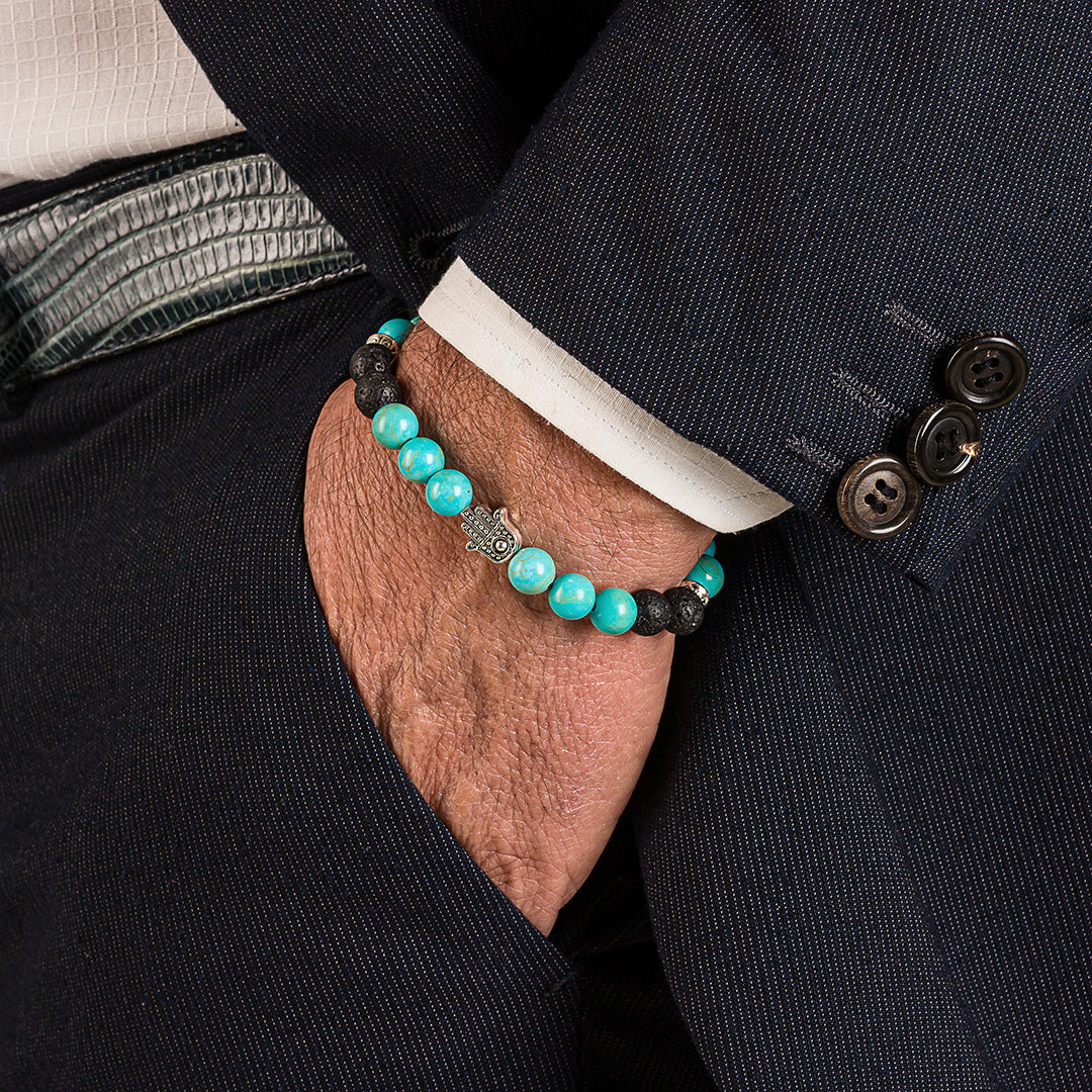 Bracciale in pietre dure | Pietra Lavica e Turchese | Charm Mano di Fatima