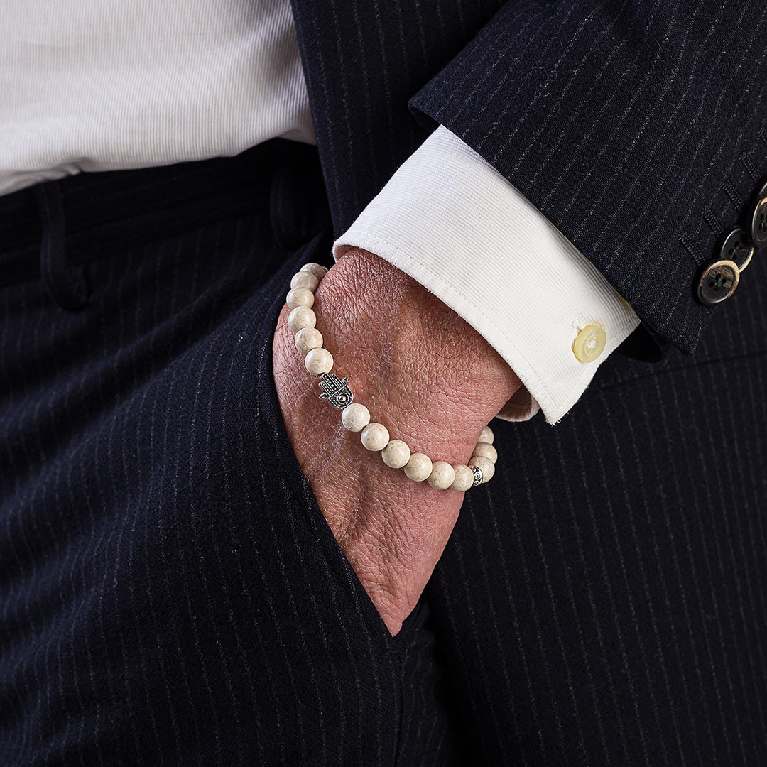 Bracciale in pietre dure | Diaspro Beige | Charm Mano di Fatima