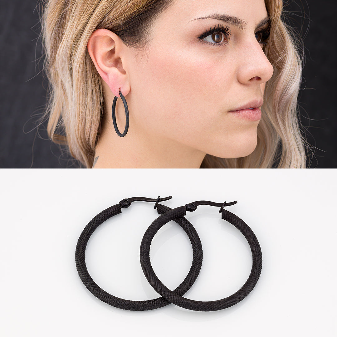 Orecchini a cerchio in acciaio reticolare nero | 3 varianti | unisex