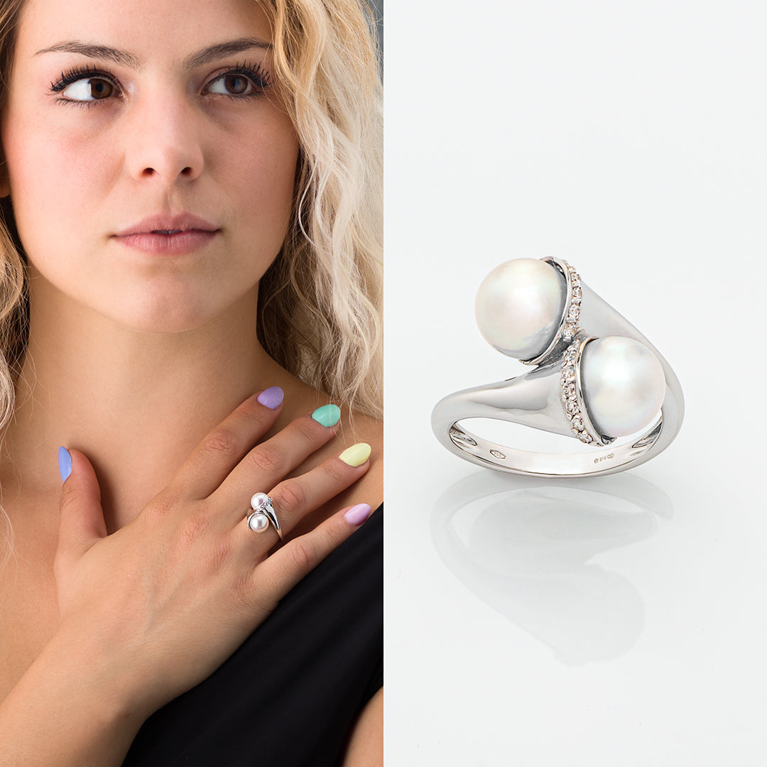 Anello in Oro Bianco con Perle e Brillanti | Mirco Visconti