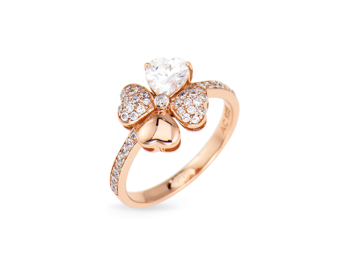 Anello Quadricuore Rosa e Zirconi Bianchi | Amen