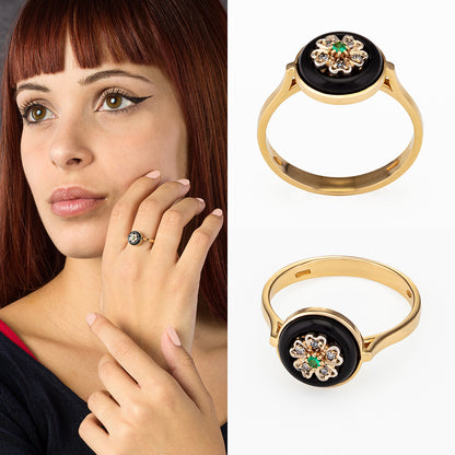 Anello in Oro con Smeraldo centrale e diamanti | Riproduzione gioielli d'epoca