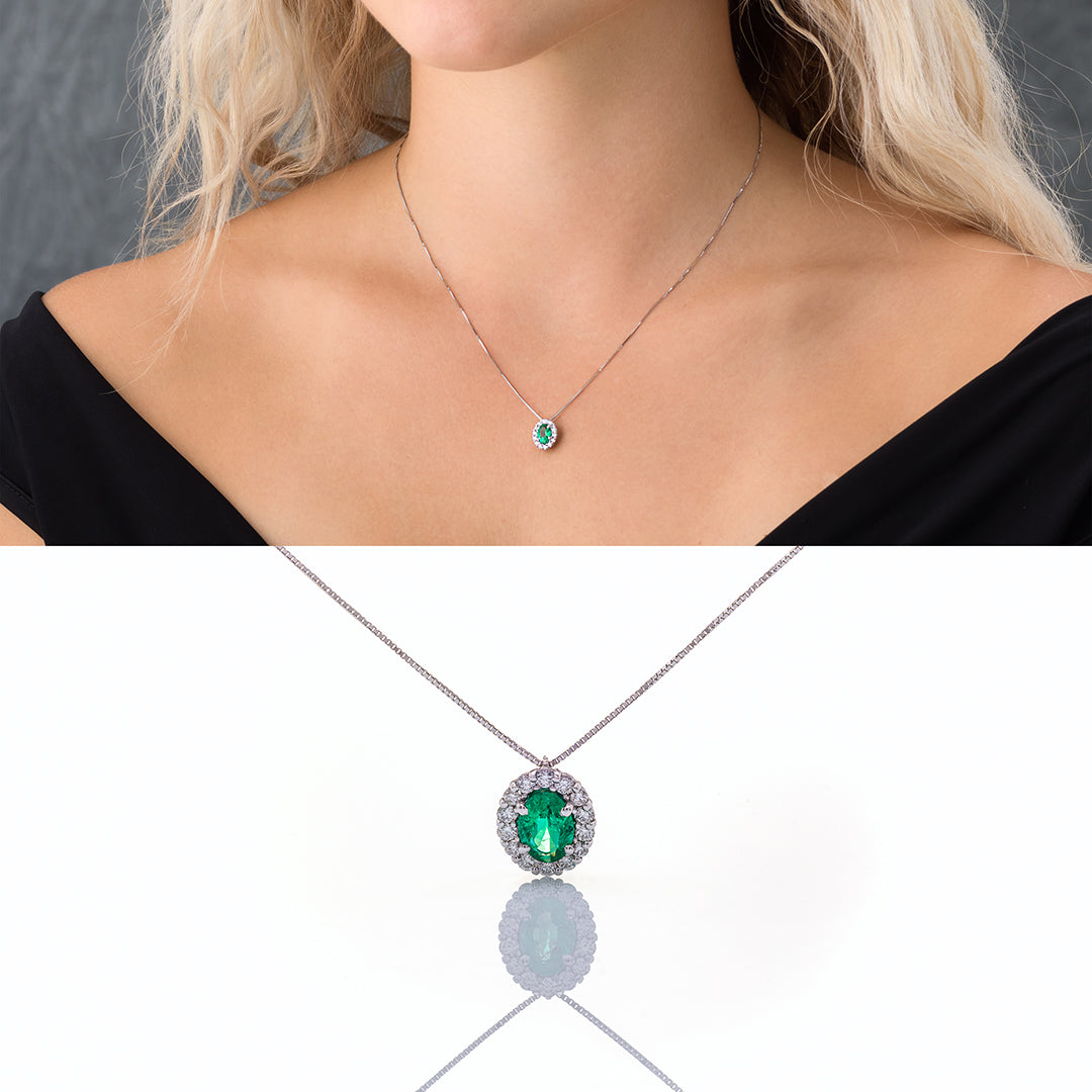 Girocollo in Oro Bianco con Smeraldo e Brillanti | Mirco Visconti