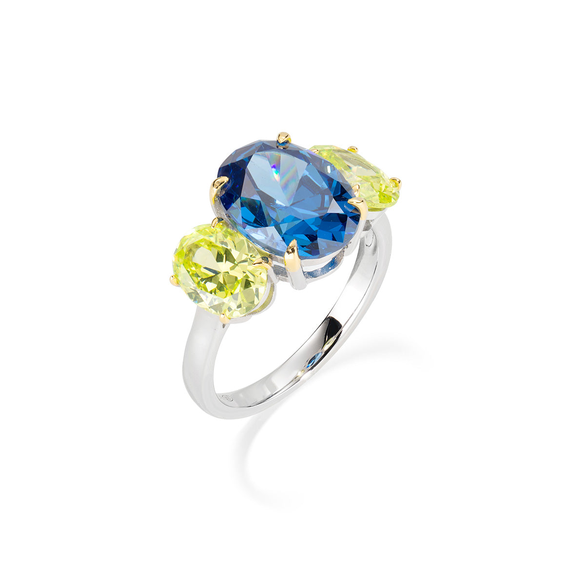 Anello Cocktail Rodio Zirconi Blu e Verde Mela | Amen